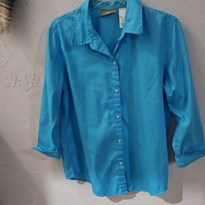 Liz Claiborne Blue 3/4 Sleeve Fitted Button Down Shirt